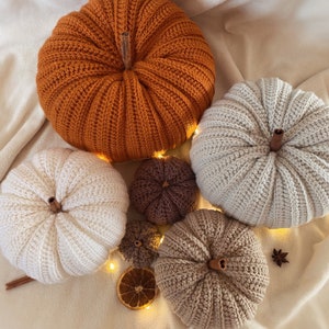 May include: Five crocheted pumpkins in various sizes and colors, including orange, white, brown, and beige, arranged on a white fabric background with string lights and cinnamon sticks.