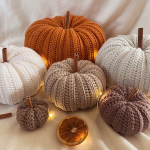 May include: Five crocheted pumpkins in various sizes and colors, including orange, white, brown, and beige. The pumpkins are arranged on a white surface with a dried orange slice and string lights.