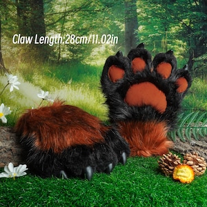 Artificial Fur-Black Reddish Brown Bear Plush Paw-Cosplay Furry Gloves-Customized--Petplay-Furry Puppy Dog Cat Fox Wolf Tiger Paws
