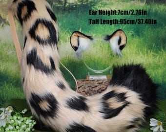 Handgefertigt Kunstpelz Leopard Ohren und Schwanz Set für Cosplay Halloween Kostüm Party Dress Up Realistische Tierflecken Geparden Print Accessoires