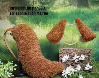 Springer Spaniel Ears and Tail Set Artificial Faux Fur Fluffy Curly Dog Cosplay Costume Accessories for Pet Theme Parties kemonomimi-Fursuit