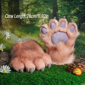 Artificial Fur-Peach pink Purple Plush Paw-Cosplay Furry Gloves-Customized--Petplay-Furry Cat Fox Tiger Bear Wolf Paws-wood background