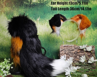 Cola y orejas de perro tricolor de piel sintética Orejas y cola empalmadas Personaje de anime Cachorro therian Orejas Cola Cachorro Chica Kemonomimi-Fursuit