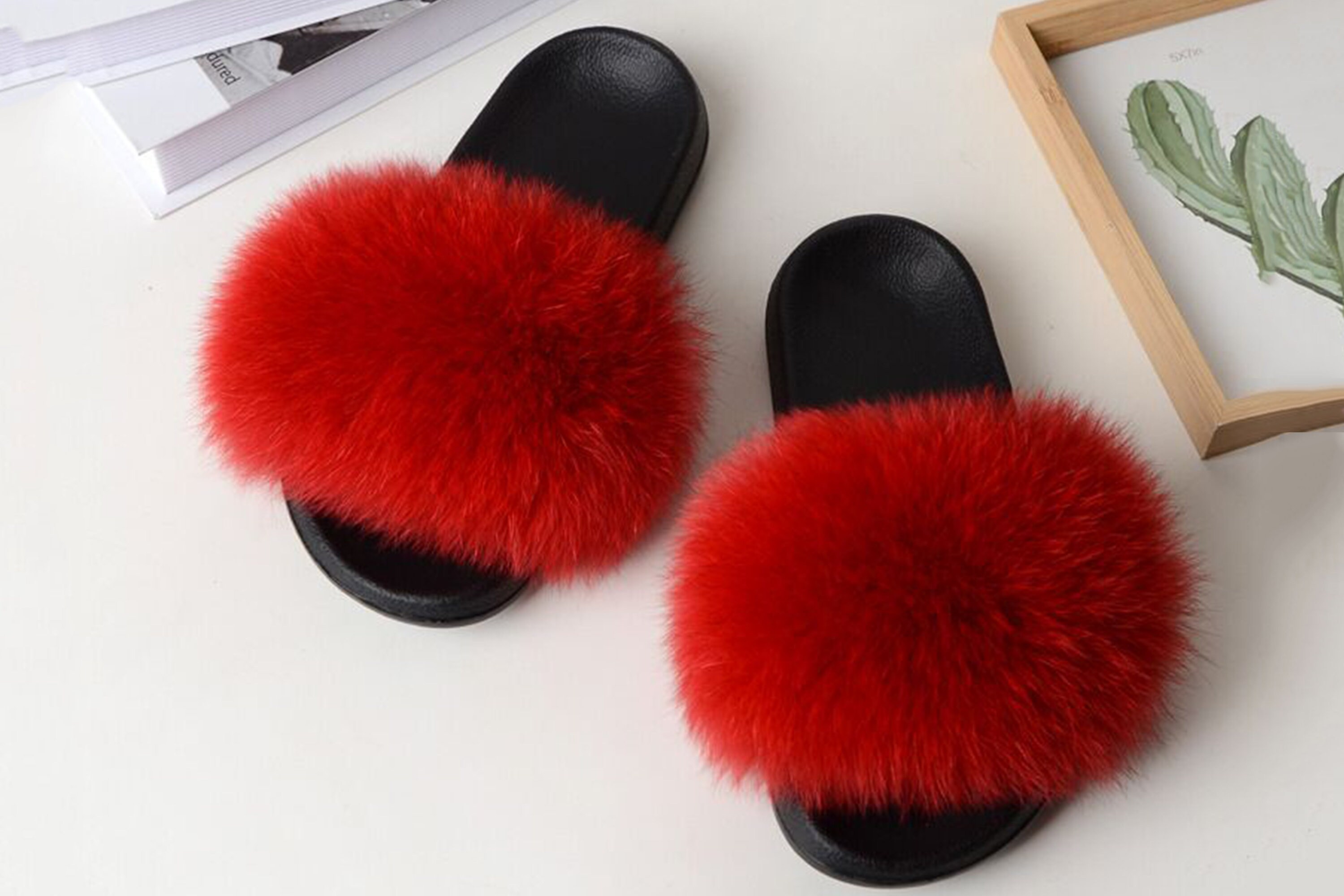 Red Black Green Tricolor Luxury Fox Fur Slides