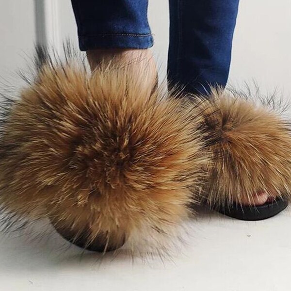 Raccoon real Natural real raccoon fur slides Summer Sandals beach Slippers Fur Slides natural fur slippers raccoon fur slides