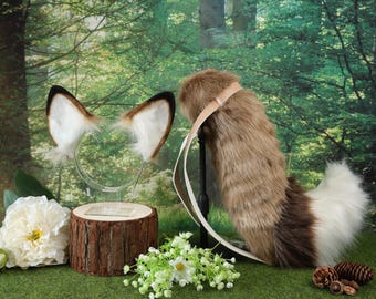 Conjunto de orejas y cola de perro de piel sintética marrón, accesorio para disfraz de Halloween y Navidad, decoración para fiesta de cosplay de animales, regalo festivo con temática forestal kemonomimi
