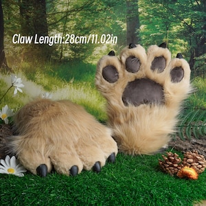 Artificial Fur -Brown Bear Plush fursuit Paw -Cosplay Furry Gloves- Customized with Pictures--Pet play-Furry  Fox Tiger Paws-wood background