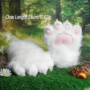 Artificial Fur-White Pink Cat Bear Plush Paw-Cosplay Furry Gloves-Customized--Petplay-Furry Dog  Fox Tiger Bear Paws-wood background