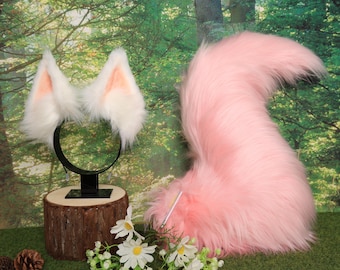 Niedliches rosa Fuchsschwanz Set. Ultra flauschige Kunstpelz Cosplay Requisiten für Anime, süße Polarfuchs Kostüm Accessoires. Perfekt für Fotoshootings