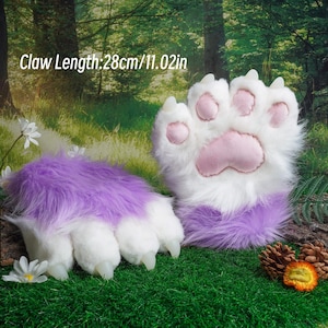 Artificial Fur-Purple Pink Plush Paw-Cosplay Furry Gloves-Customized with Pictures--Petplay-Dog  Fox Wolf Tiger Paws-wood background