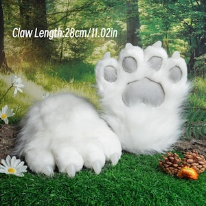 Artificial Fur-White Gray Bear Wolf Plush Fursuit Paw-Cosplay Furry Gloves-Customized--Petplay-Furry Cat Fox Tiger Bear Paws-wood background