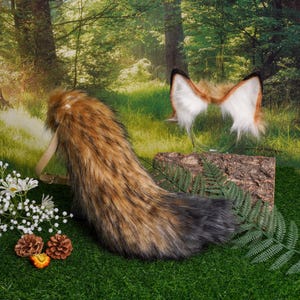 Könnte beinhalten: Ein brauner und schwarzer Kunstfellschwanz mit einem braunen Lederriemen. Der Schwanz liegt auf einer grünen Grasfläche. Im Hintergrund sind ein Paar Fuchsohren zu sehen.