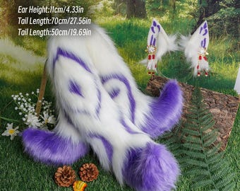 Handmade Three-Tail Fox Plush Set-11cm Faux Fur Ears+55cm Fluffy Tails for Fantasy Cosplay, Hypoallergenic Anime Convention Props-kemonomimi