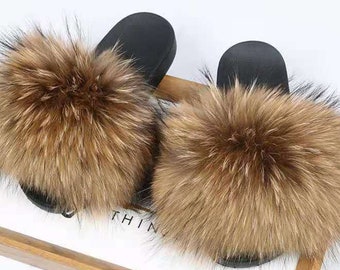 Raccoon real Natural real raccoon fur slides Summer Sandals beach Slippers Fur Slides natural fur slippers raccoon fur slides