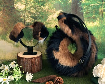 Set di orecchie e coda in pelliccia sintetica marrone e nera ispirati al Canis lupus familiaris, costume da cucciolo soffice per bambini, giocattolo da travestimento ispirato al bosco