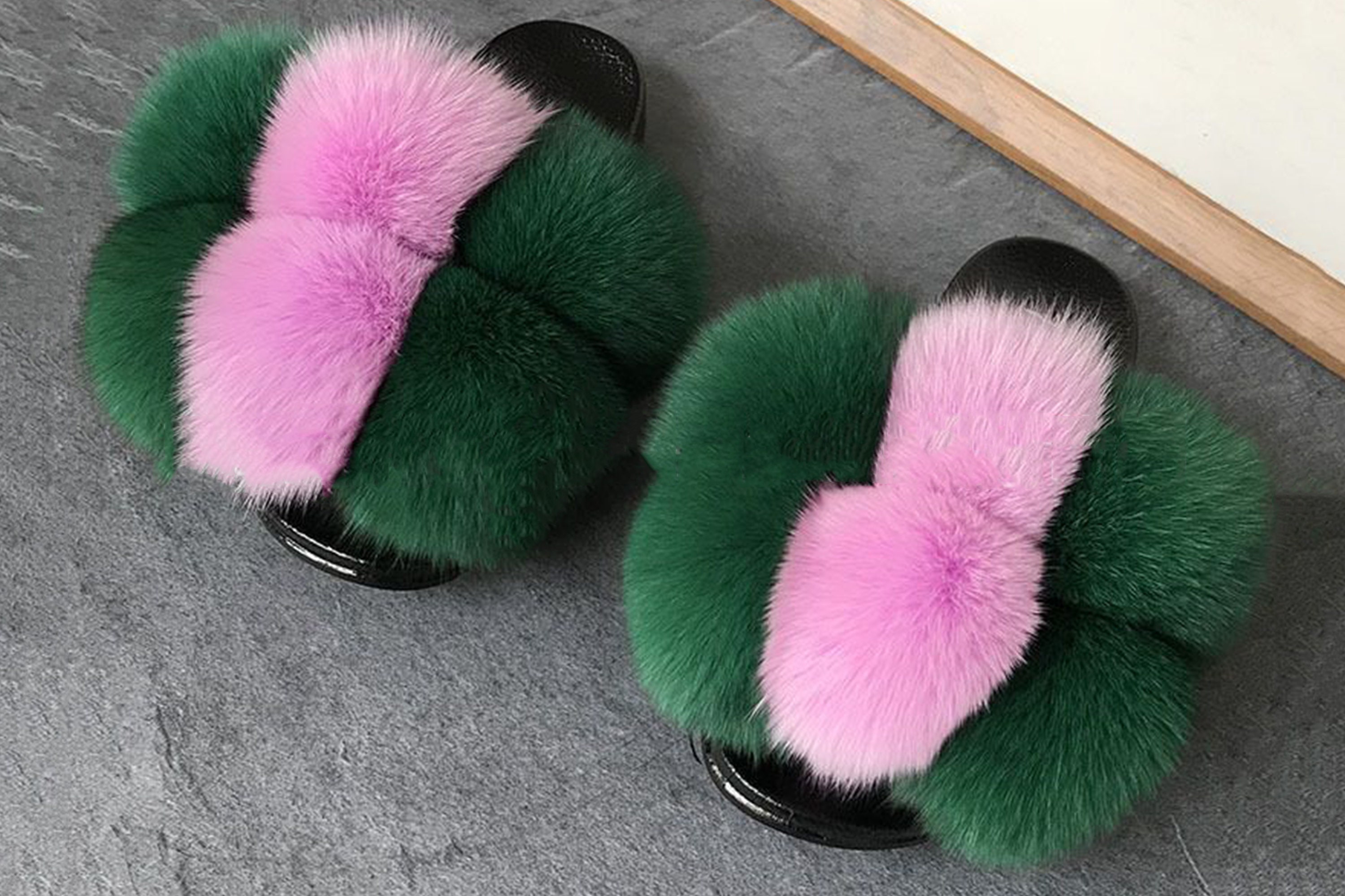 Pink & Green Fox Fur Slippers
