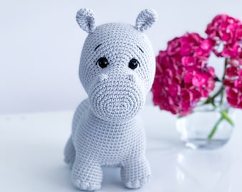 READY TO SHIP: Crochet hippo  - crochet grey hippopotamus amigurumi soft toy