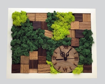 Horloge murale en bois avec mousse, art mural en mousse, décoration murale artistique, horloge murale personnalisée, tapis en mousse, mousse de Noël, mousse d'arbre, horloge d'art en mousse, ArtMoss