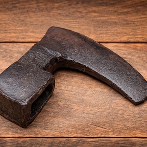 May include: A weathered, dark brown axe head with a curved blade and a rectangular eye for the handle. The axe head is made of iron and rests on a wooden surface, showcasing its rustic appearance.