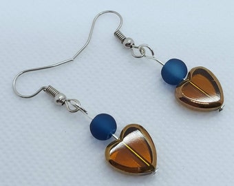 Earrings, Bead brown heart earrings, drop earrings, dangle earrings, colourful earrings, heart earrings, letterbox gifts,  jewellery