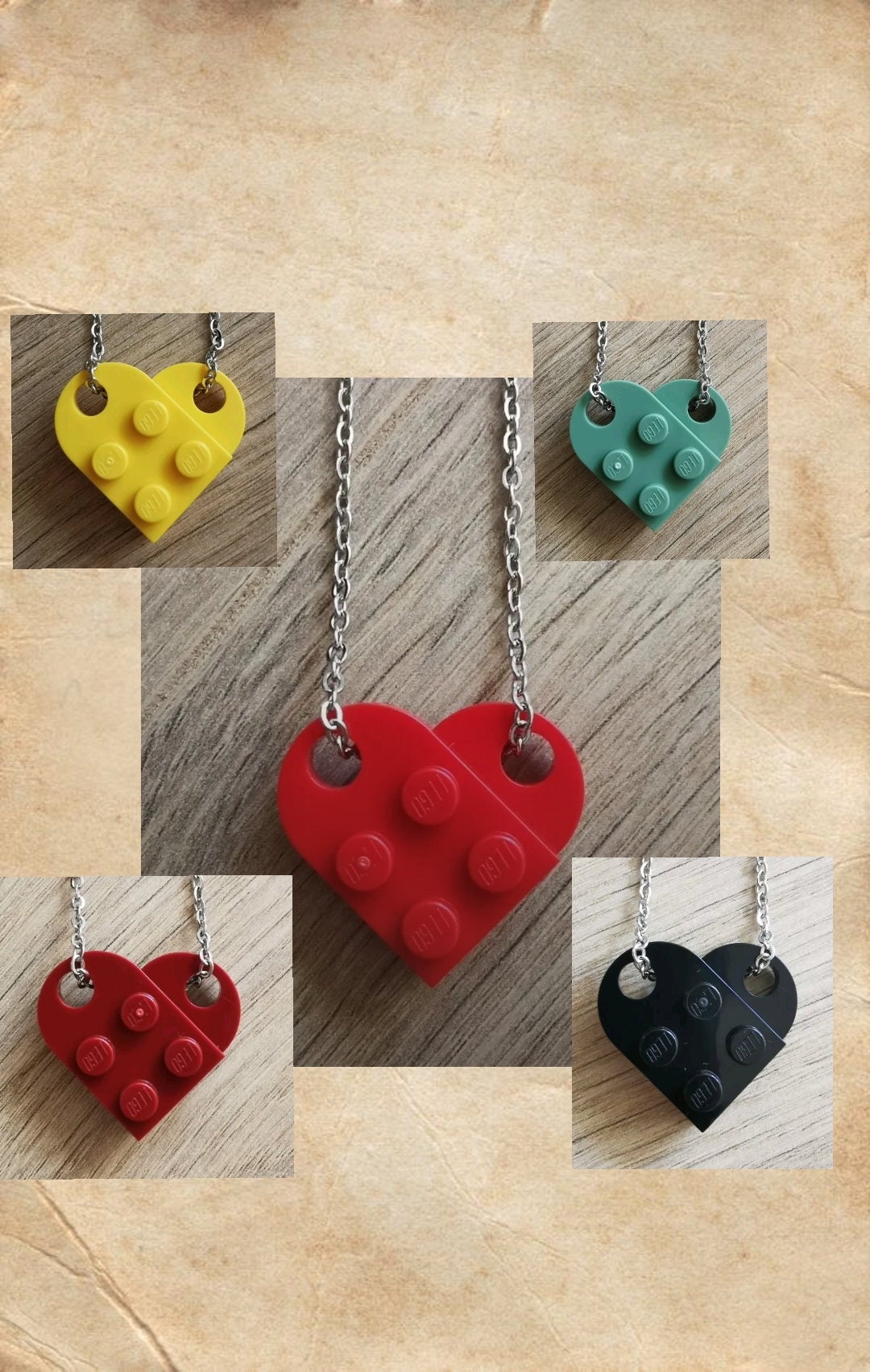 Set di collane a cuore realizzato con autentico regalo di mattoncini Lego