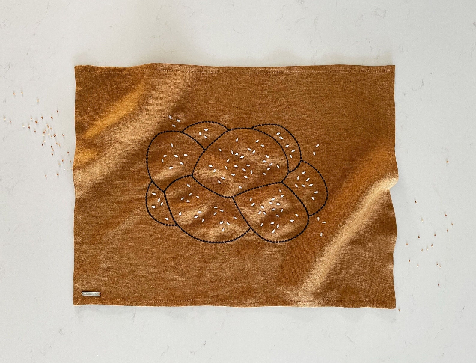 Embroidered Linen Challah Cover in cinnamon, Shabbat embellished with Pearl sesame seeds - Brown