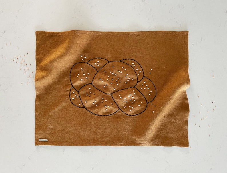 Embroidered Linen Challah Cover in cinnamon, Shabbat embellished with Pearl sesame seeds
