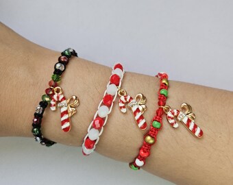 Festive handmade candy cane Christmas eve wish bracelet, Christmas candy cane charm bracelet gift, stocking filler or Christmas eve box idea