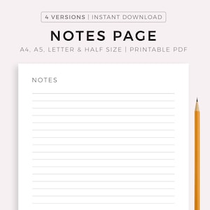 Página de notas imprimible, plantilla de notas rayadas, toma de notas, papel de escribir, inserto de planificador de notas, tamaño A4/A5/carta/medio, descarga instantánea en PDF