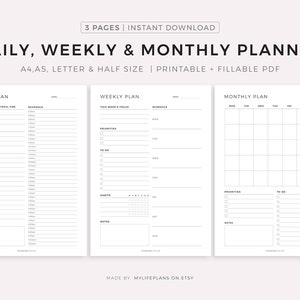 Daily Planner, Weekly Planner, Monthly Planner, Printable planner, Planner set, Planner Inserts, Instant Download, A4/A5/Letter/Half Size image 1