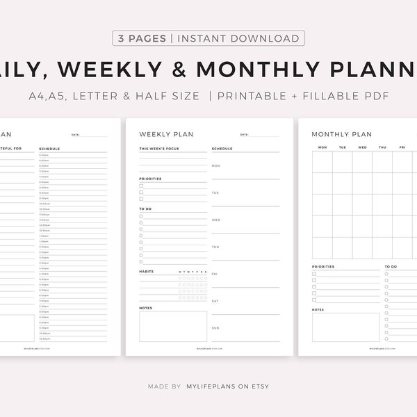 Daily Planner, Weekly Planner, Monthly Planner, Printable planner, Planner set, Planner Inserts, Instant Download, A4/A5/Letter/Half Size