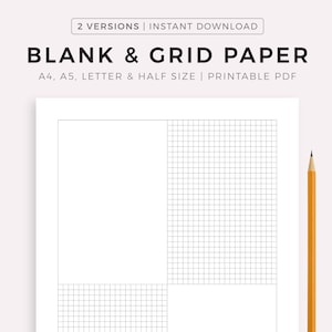 Papel em branco e quadriculado para impressão, tamanho A4/A5/Carta/Meio tamanho, download instantâneo em PDF