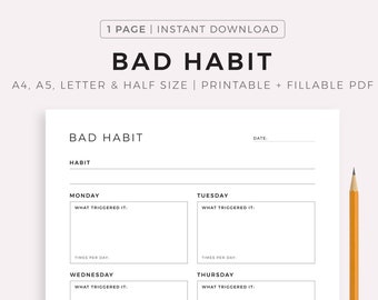 Bad Habit Tracker, Habit Analyzer, Habit Loop, Habit Patterns, A4/A5/Letter/Half Size, Printable & Fillable PDF, Instant Download