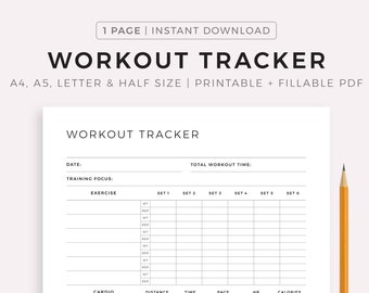 Workout Tracker Printable, Daily Exercise Log, Fitness Journal, Workout Planner, Fitness Planner, A4/A5/Letter/Half Size, Instant Download