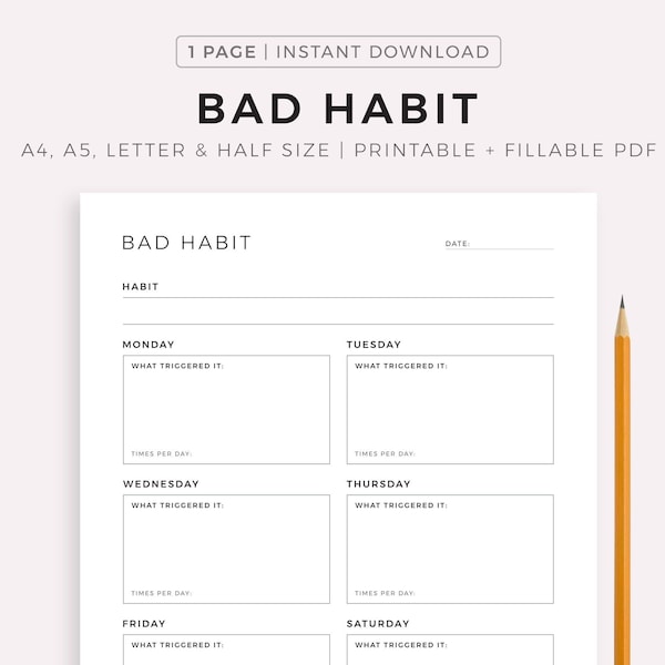 Bad Habit Tracker, Habit Analyzer, Habit Loop, Habit Patterns, A4/A5/Letter/Half Size, Printable & Fillable PDF, Instant Download