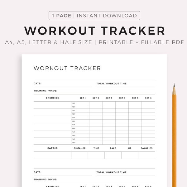 Workout Tracker Imprimable, Journal d'exercices quotidiens, Journal de fitness, Planificateur d'entraînement, Planificateur de fitness, A4/A5/Letter/Half Size, Téléchargement instantané