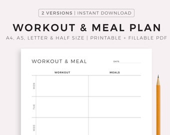 Weekly Workout & Meal Planning Printable, Exercise Planner, Menu Planner, Fitness Planner, Health Planner, A4/A5/Letter/Half Size