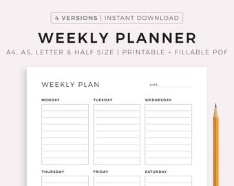 Weekly Planner Printable To Do List, Minimal Weekly Schedule, Weekly Organizer Journal, Weekly Agenda, Week At a Glance, A4/A5/Letter/Half