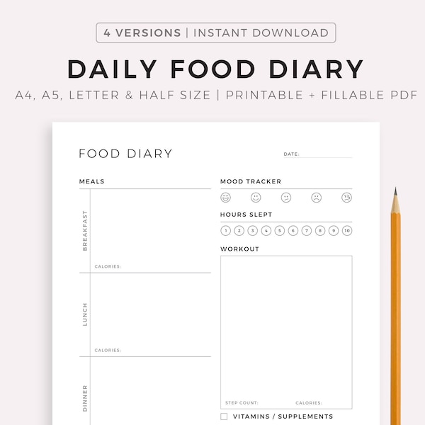 Daily Food Diary Printable, Food Journal, Vitamin Intake, Water Intake, Workout Plan, Fitness and Health, A4/A5/Letter/Half Size