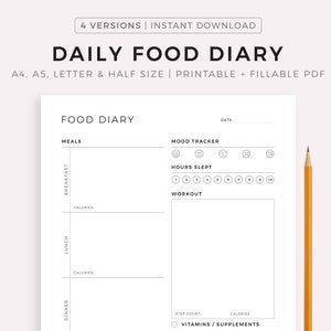 Diario de alimentación imprimible, ingesta de vitaminas, ingesta de agua, plan de entrenamiento, fitness y salud, tamaño A4/A5/carta/mediano