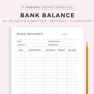 Bank Balance Sheet Printable, Bank Account Transactions Tracker, Finance Log, Income & Spending Tracker, A4/A5/Letter/Half Size