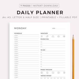 Druckbarer 7 Tage Planer, Tagesplaner, Wochenplaner, Halbstundenplaner, Arbeitsplaner, Personal Planer, Sofort Download, 365 Tagebuch