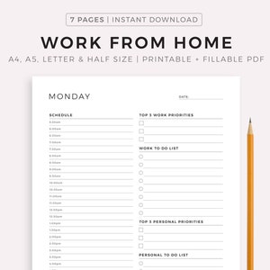 Planificador para trabajar desde casa, planificador diario personal, planificador diario por horas, descarga instantánea, tamaño A5/A4/carta/media carta
