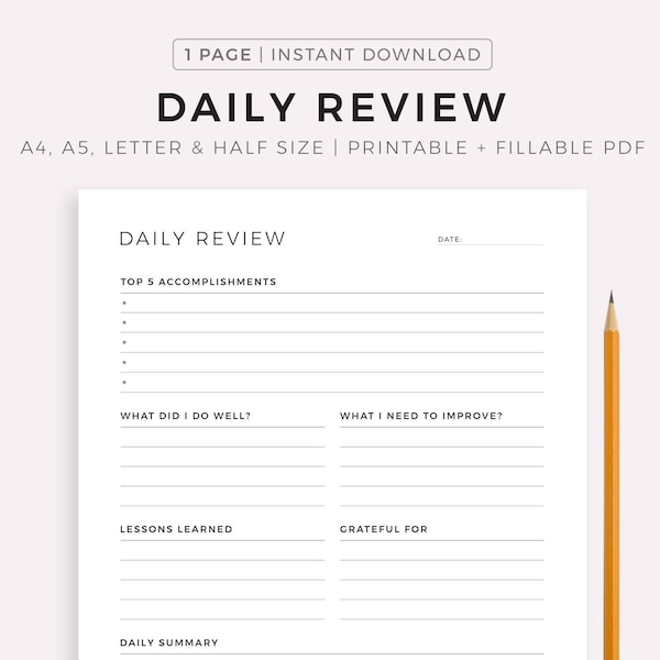 Daily Review, Daily Reflection, Daily Evaluation, Daily Summary, Printable Insert Template, A4/A5/Letter/Half, Instant Download PDF