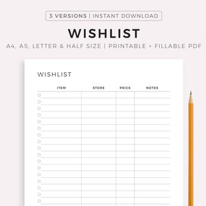 Page de liste de souhaits simple imprimable et remplissable, modèle de liste de souhaits de vacances, liste de souhaits d'anniversaire, liste de souhaits de shopping, cadeaux pour moi, A4/A5/Letter/Half
