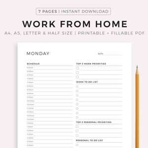 Work From Home Planner, Personal Daily Planner, Productivity Planner, Daily Hourly Planner, Instant Download, A5/A4/Letter/Half Letter image 1