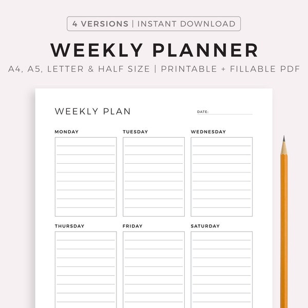 Weekly Planner Printable To Do List, Minimal Weekly Schedule, Weekly Organizer Journal, Weekly Agenda, Week At a Glance, A4/A5/Letter/Half