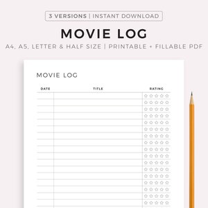 Movie Log Printable, Movies to Watch, Movies I've Watched, Movie Tracker, Film Journal, A4/A5/Letter/Half Size, Instant Download PDF