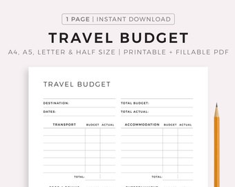 Planificateur de budget de voyage imprimable, modèle de feuille de calcul de dépenses de travail/vacances, planificateur de finances, format A4/A5/lettre/demi-taille, téléchargement immédiat PDF