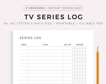 TV Series Log Printable, Series to Watch, Series I've Watched, Season and Episode Tracker, A4/A5/Letter/Half Size, Instant Download PDF